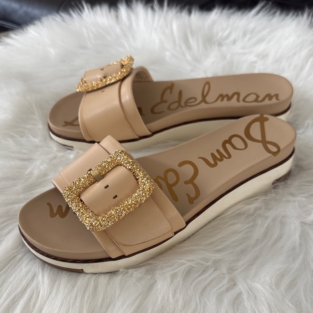 Sam Edelman Ariane Natural Slide Sandals with Glittering Gold Buckles size 7.5 - Picture 2 of 13